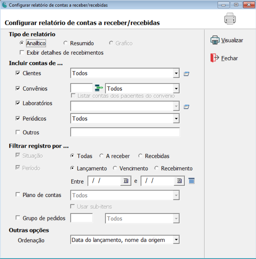 Tela de configuração do relatório de contas a receber e recebidas.