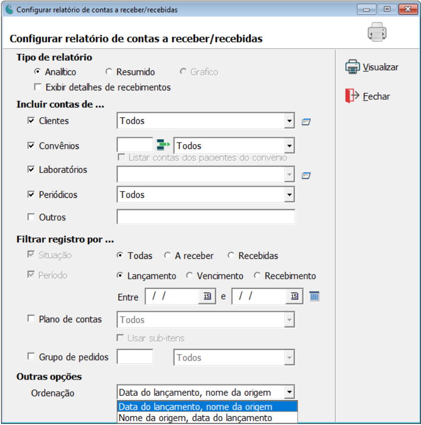Tela de configuração do relatório de contas a receber e recebidas.