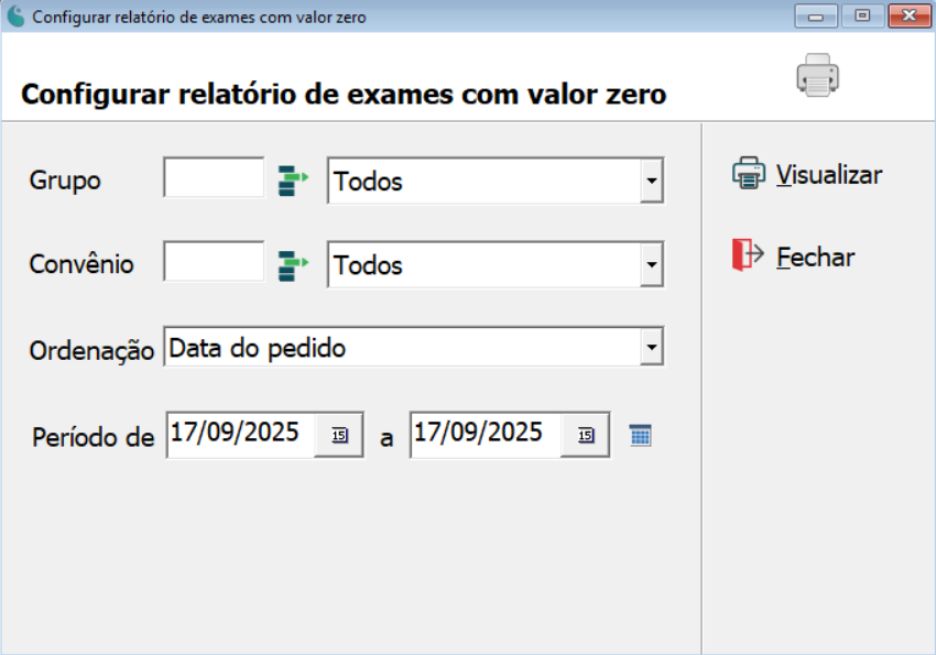 Tela de configuração do relatório de exames com valor zero.