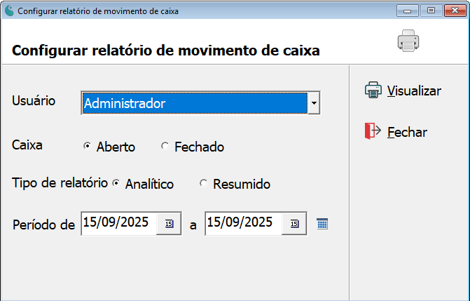 Tela de configuração do relatório de movimento de caixa.