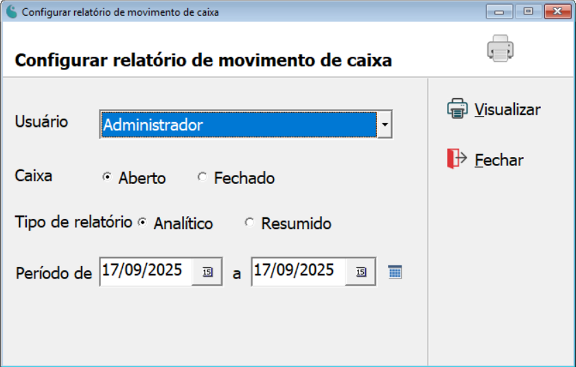 Tela de configuração do relatório de movimento de caixa.