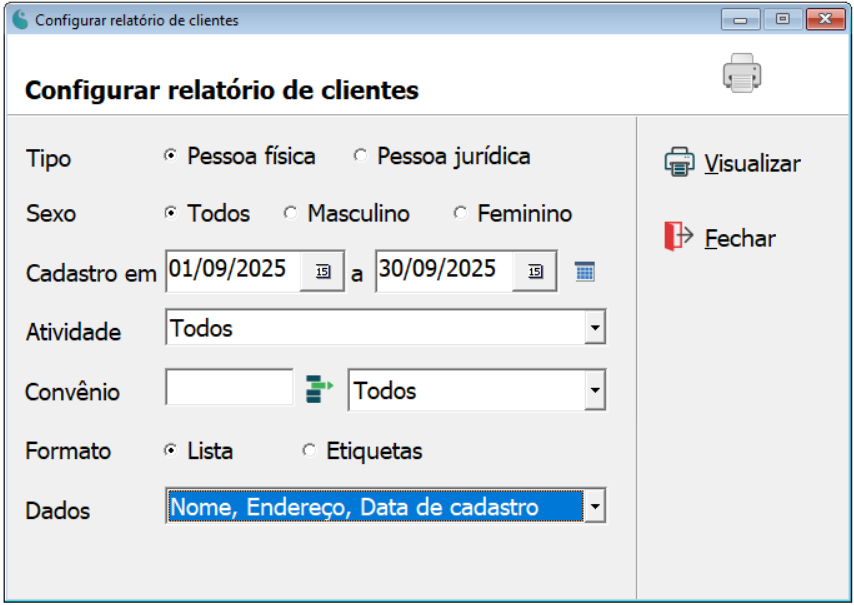 Tela de configuração do relatório de clientes.