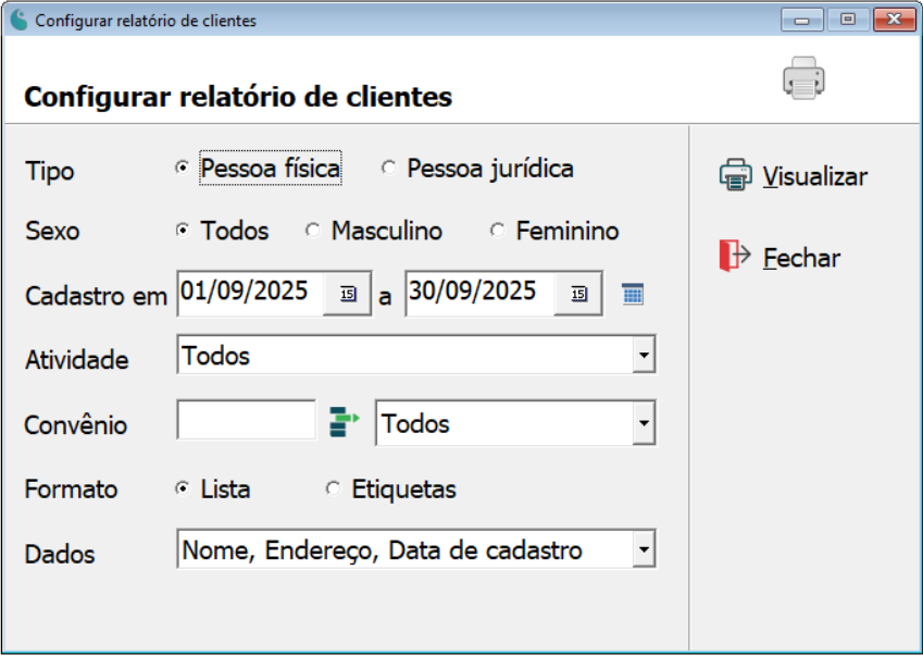 Tela de configuração do relatório de clientes.