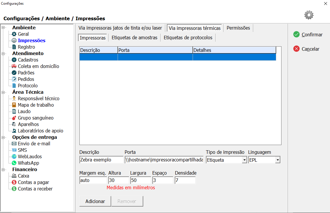 Tela de cadastro e configuração de impressoras térmicas.