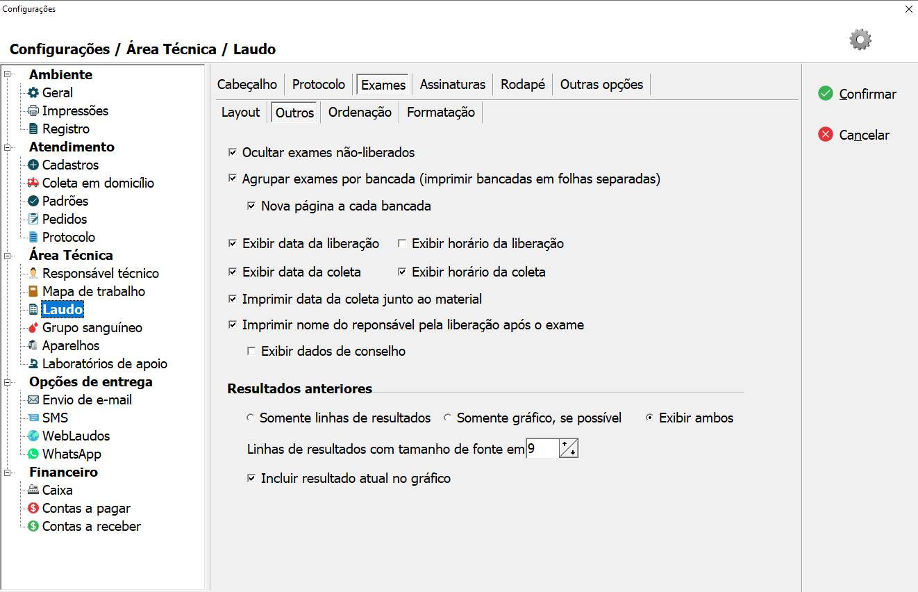 Tela de Outras Opções dos Exames no Laudo.