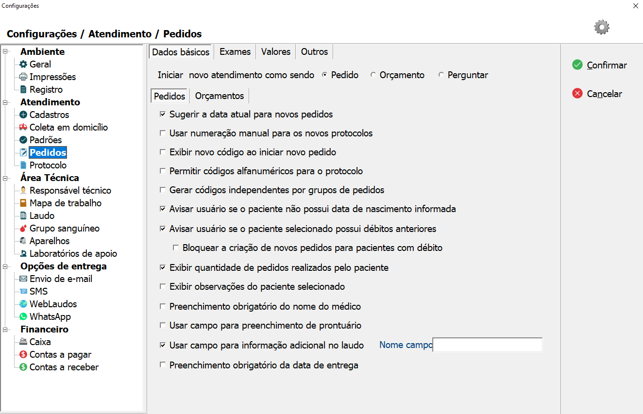 Aba de Dados Básicos nas configurações de Pedidos - Foco em Pedidos.