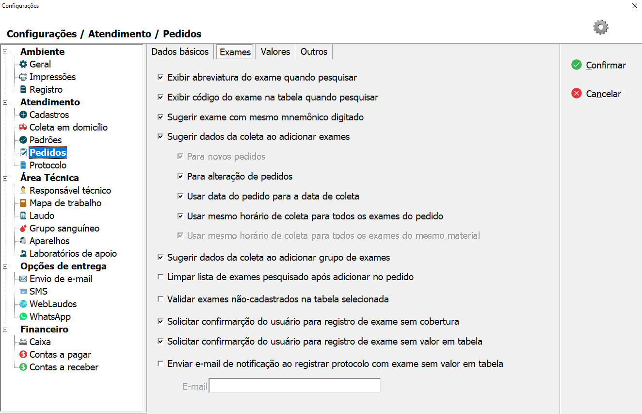 Aba de Exames nas configurações de Pedidos.