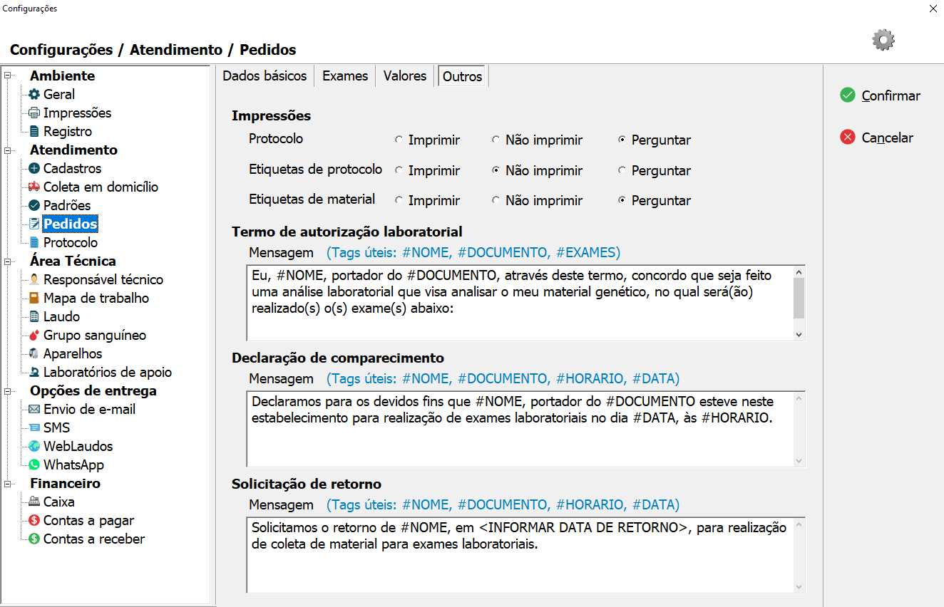 Aba Outros nas configurações de Pedidos.