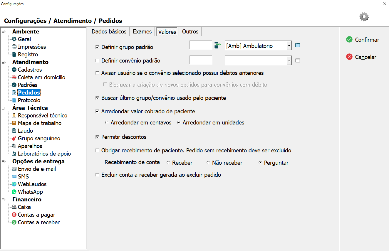 Aba de Valores nas configurações de Pedidos.