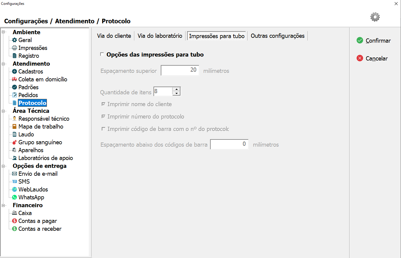 Tela de configuração de Impressões para Tubo.