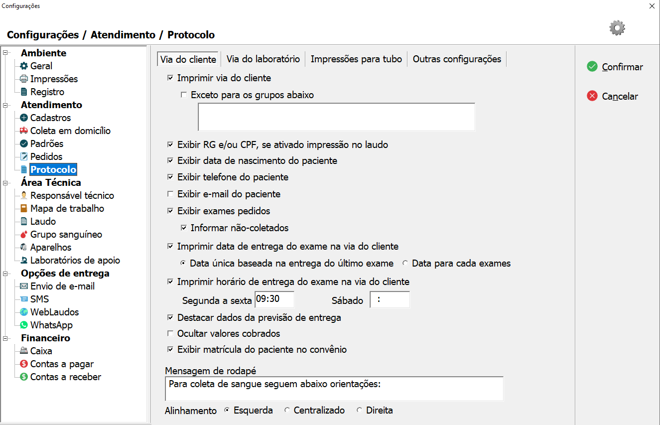 Aba de configuração da Via do Cliente do Protocolo.