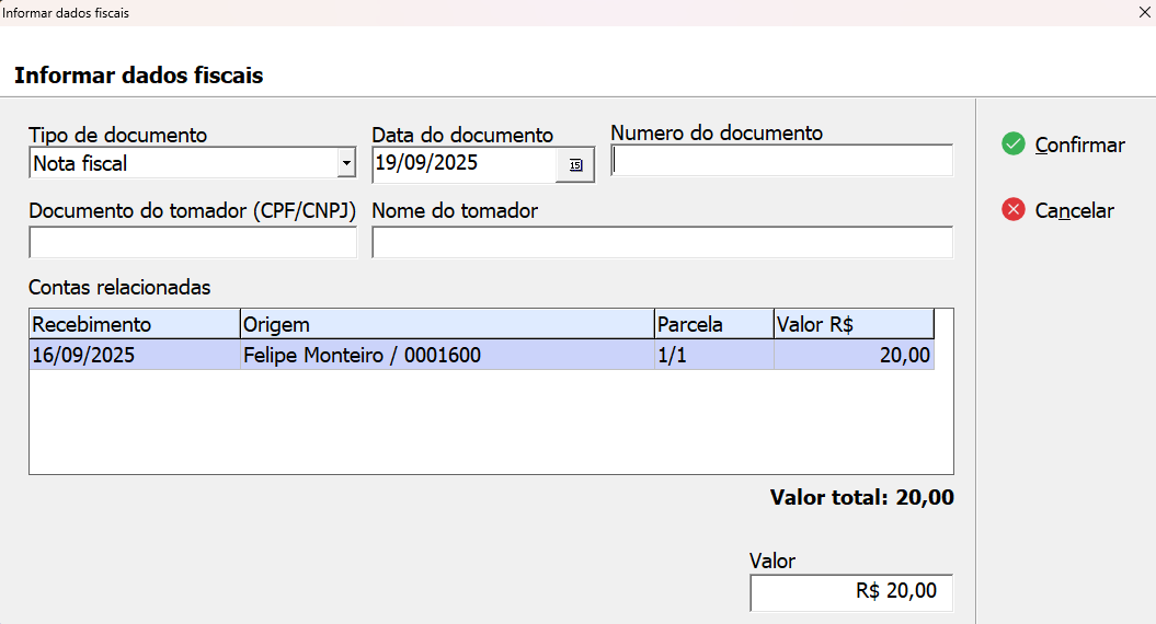 Tela de Informar Dados Fiscais