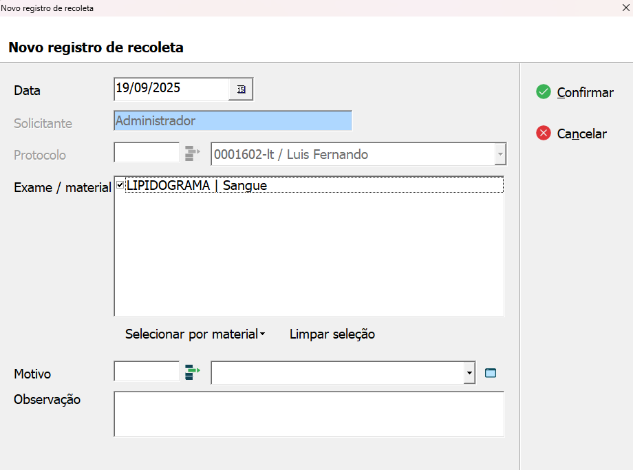 Tela de Novo Registro de Recoleta