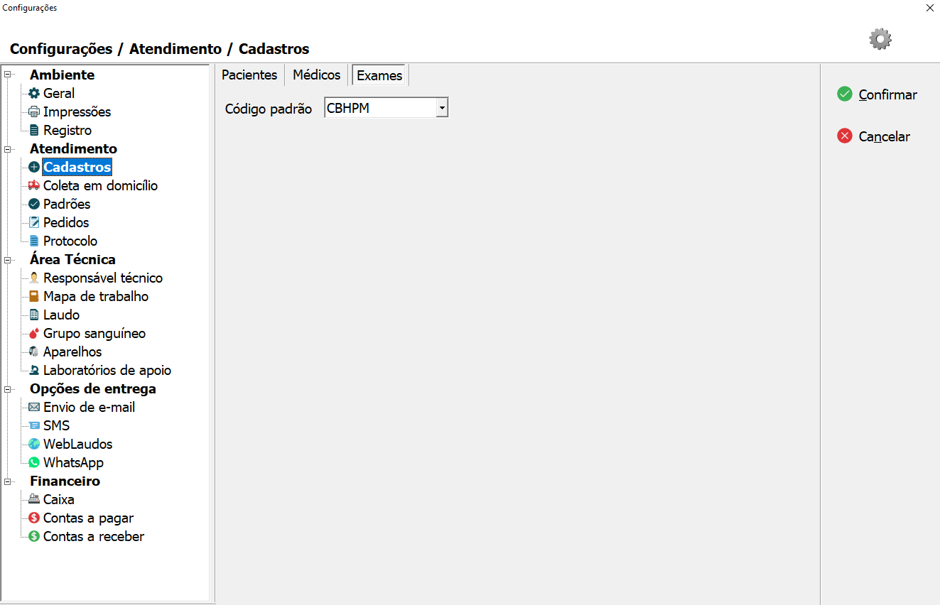 Tela de configuração do Cadastro de Exames.