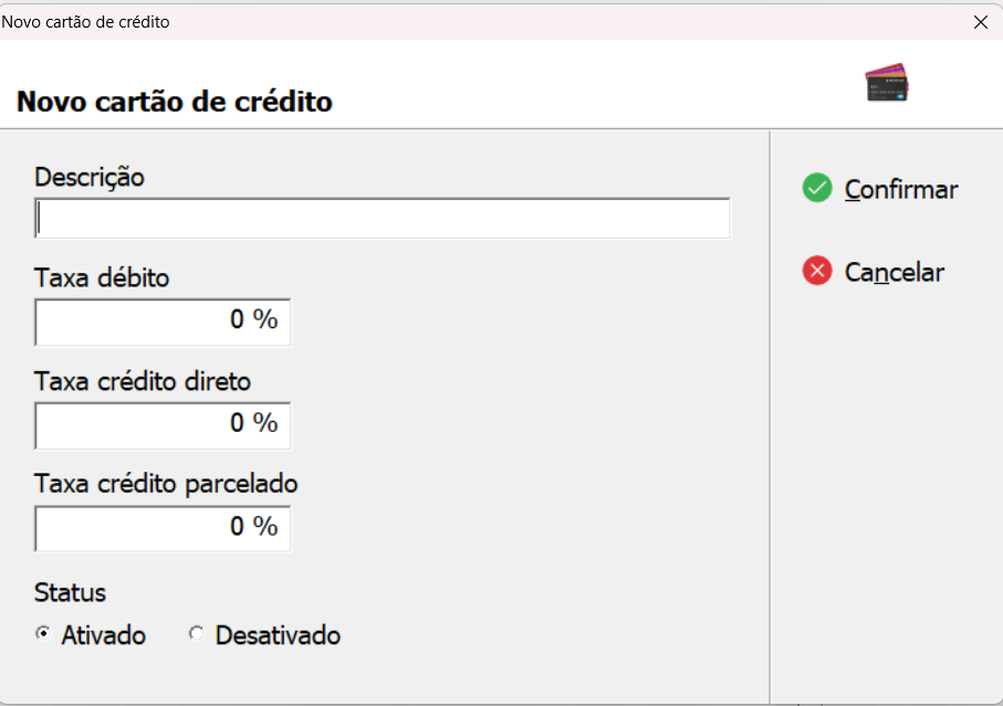 Tela principal do Cadastro de Cartão de Crédito