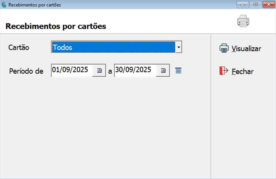 Tela de configuração do relatório de recebimentos por cartões.