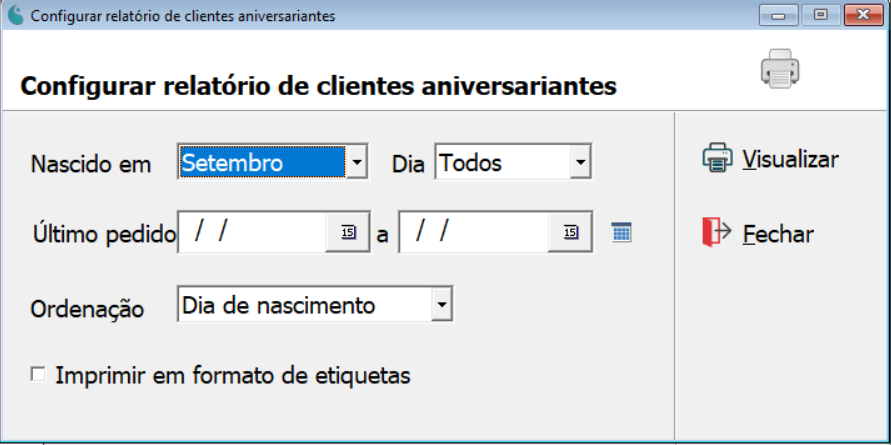 Tela de configuração do relatório de clientes aniversariantes.