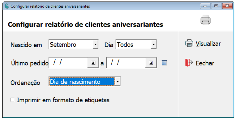 Tela de configuração do relatório de clientes aniversariantes.