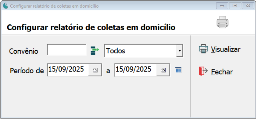 Tela de configuração do relatório de coletas em domicílio.