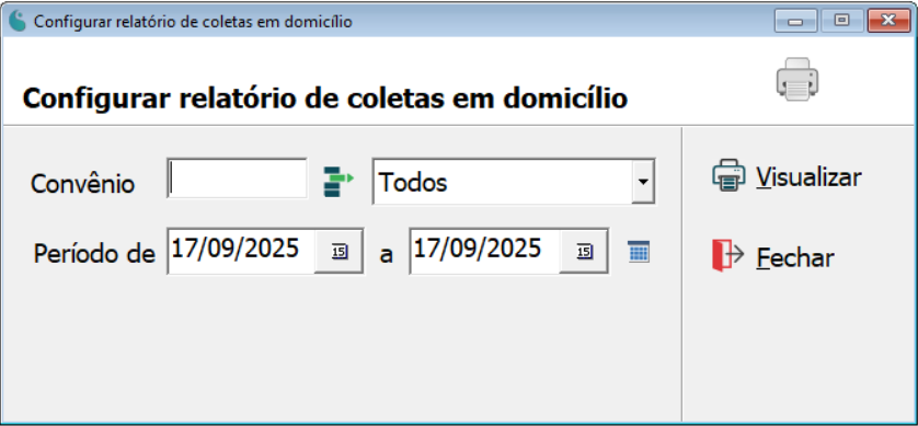 Tela de configuração do relatório de coletas em domicílio.