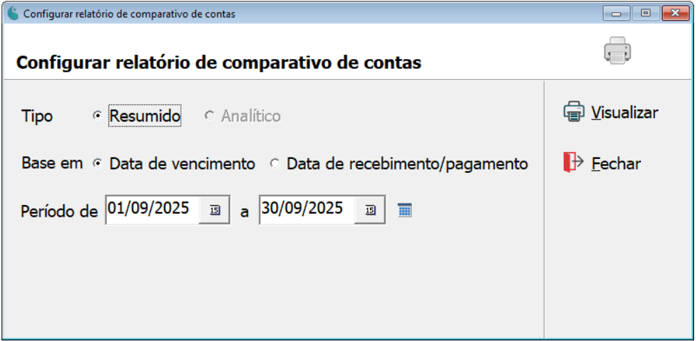 Tela de configuração do relatório de comparativo de contas.
