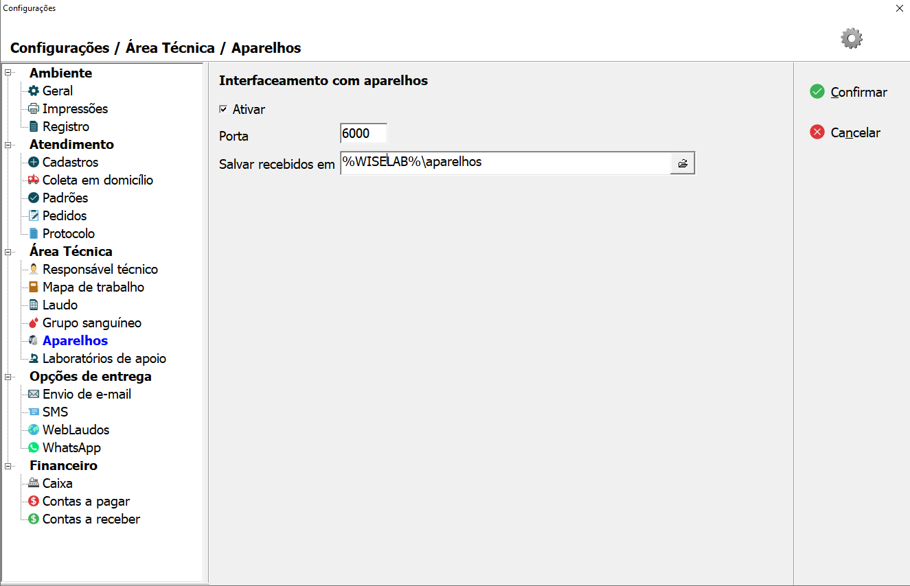 Tela de configuração do Interfaceamento com Aparelhos.