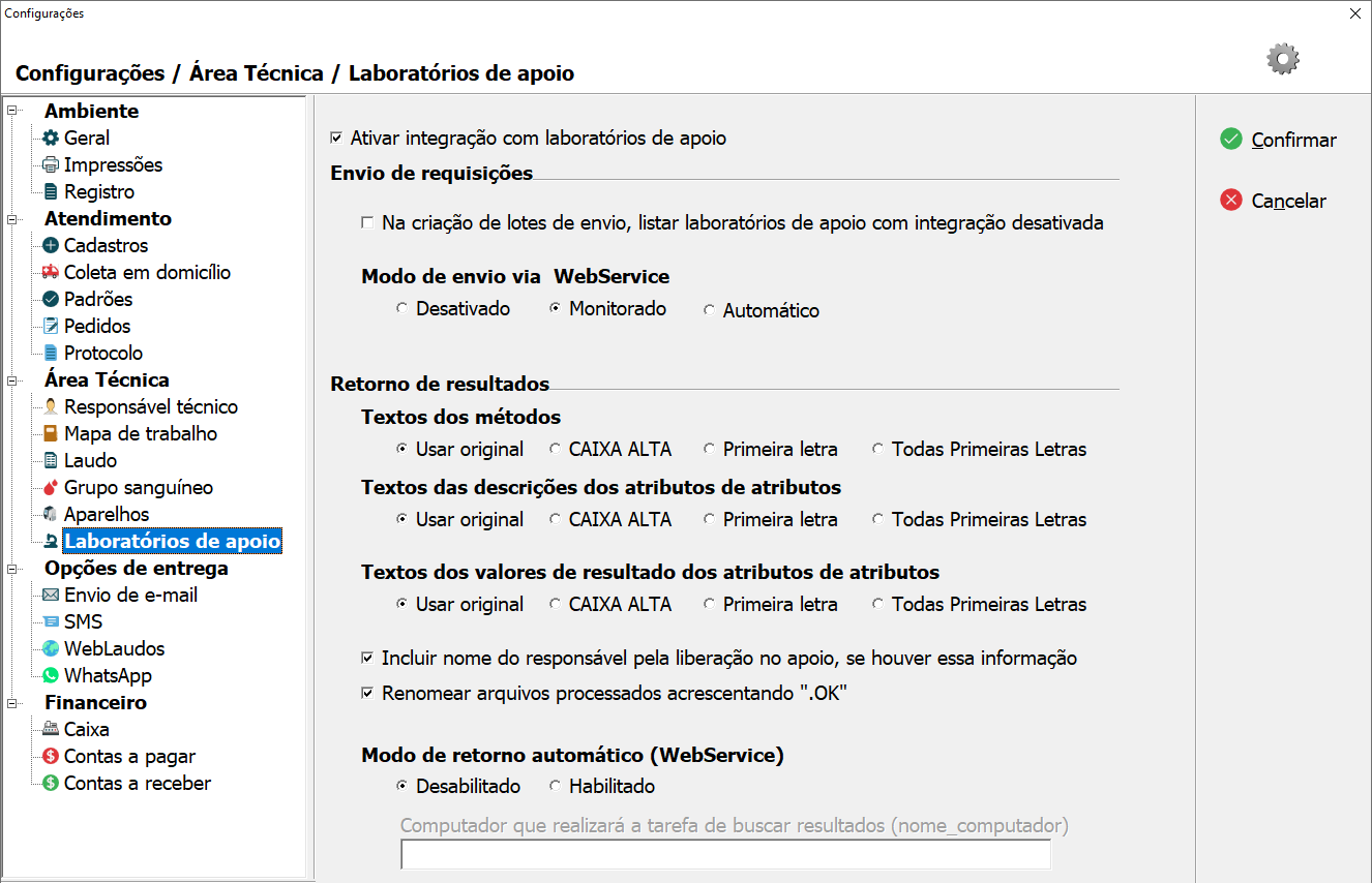 Tela de configuração de Laboratórios de Apoio.