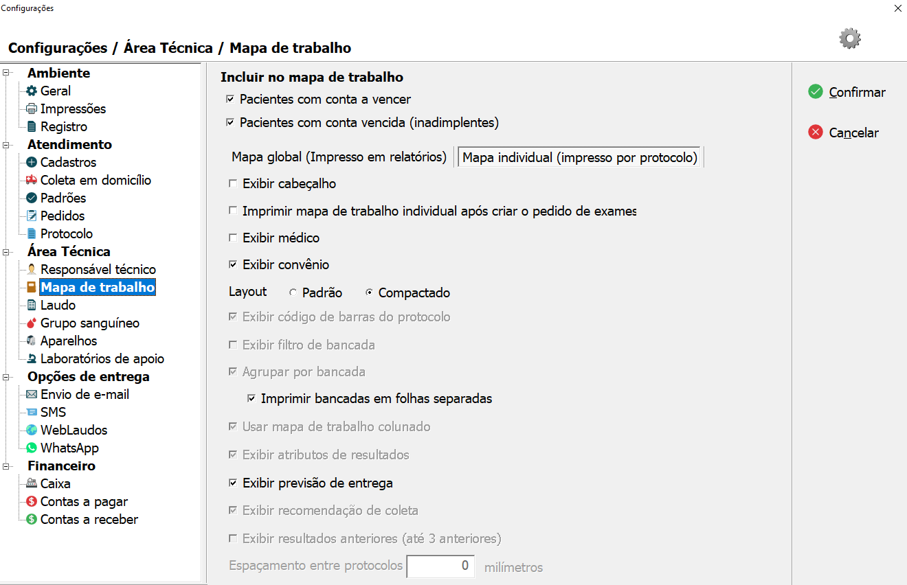 Tela de configuração do Mapa de Trabalho.