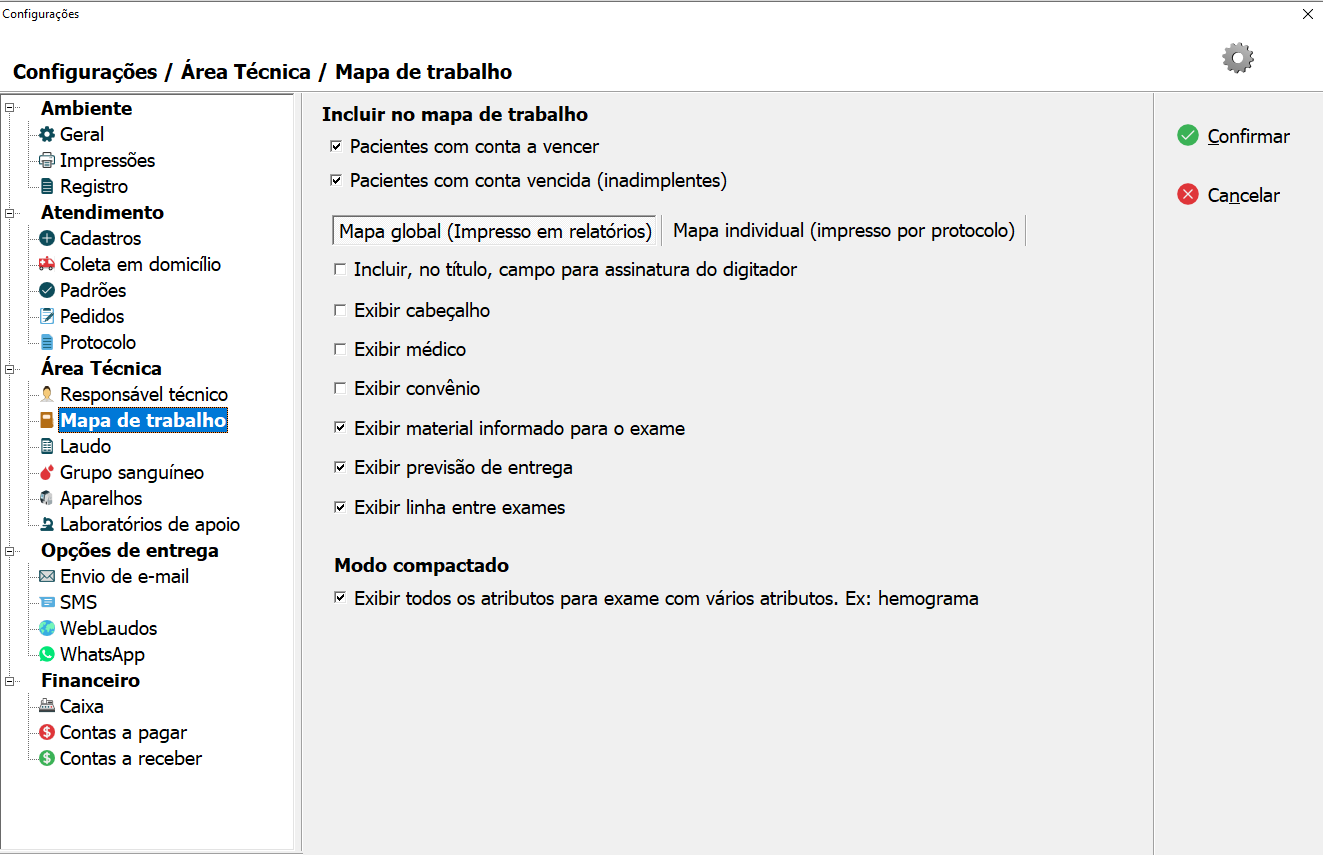Tela de configuração do Mapa de Trabalho.