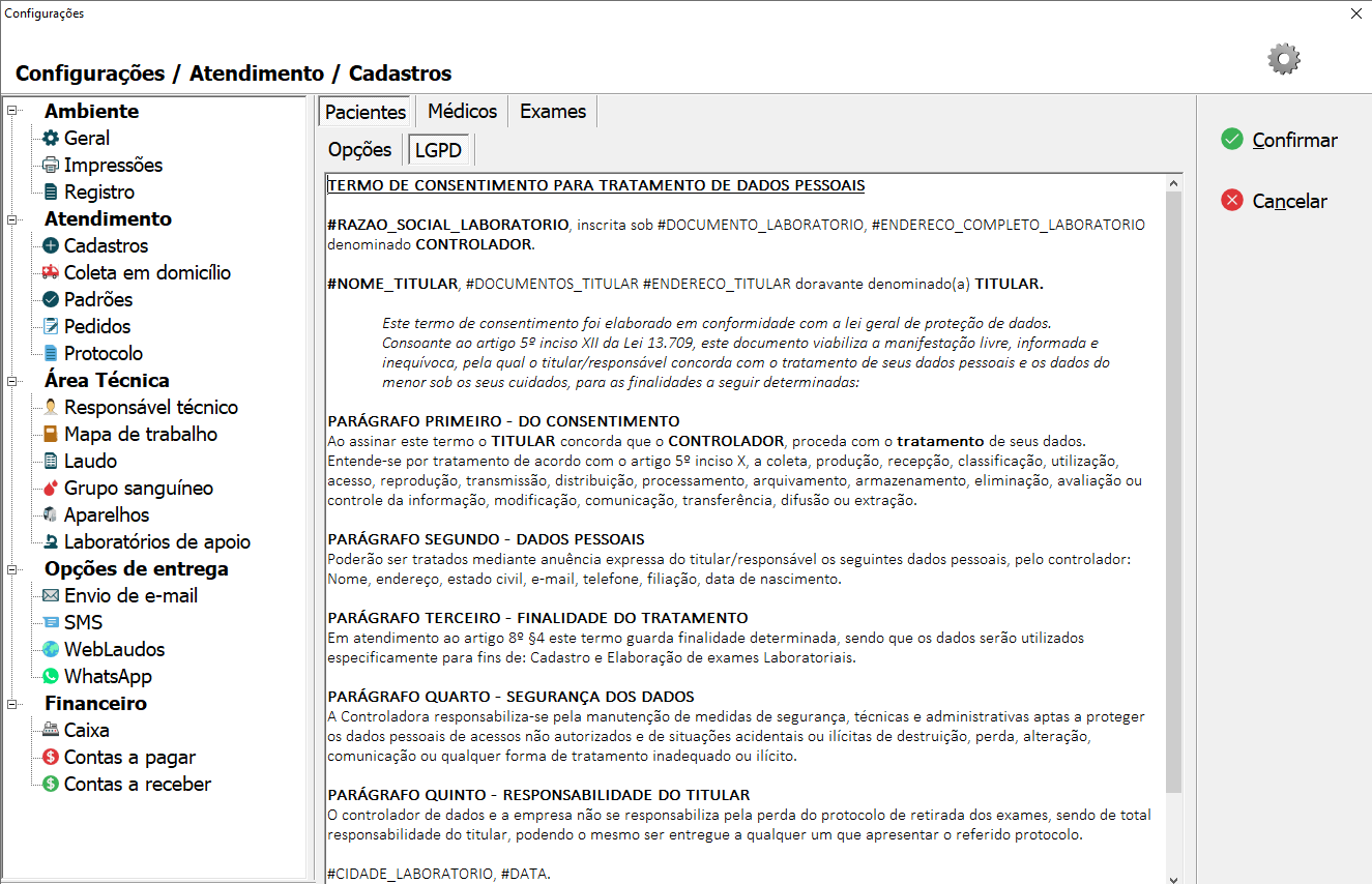 Tela de edição do Termo de Consentimento da LGPD.