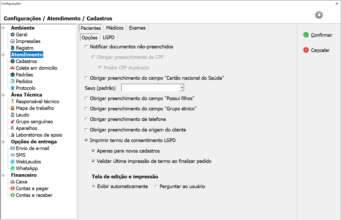 Opções de configuração para o cadastro de pacientes.