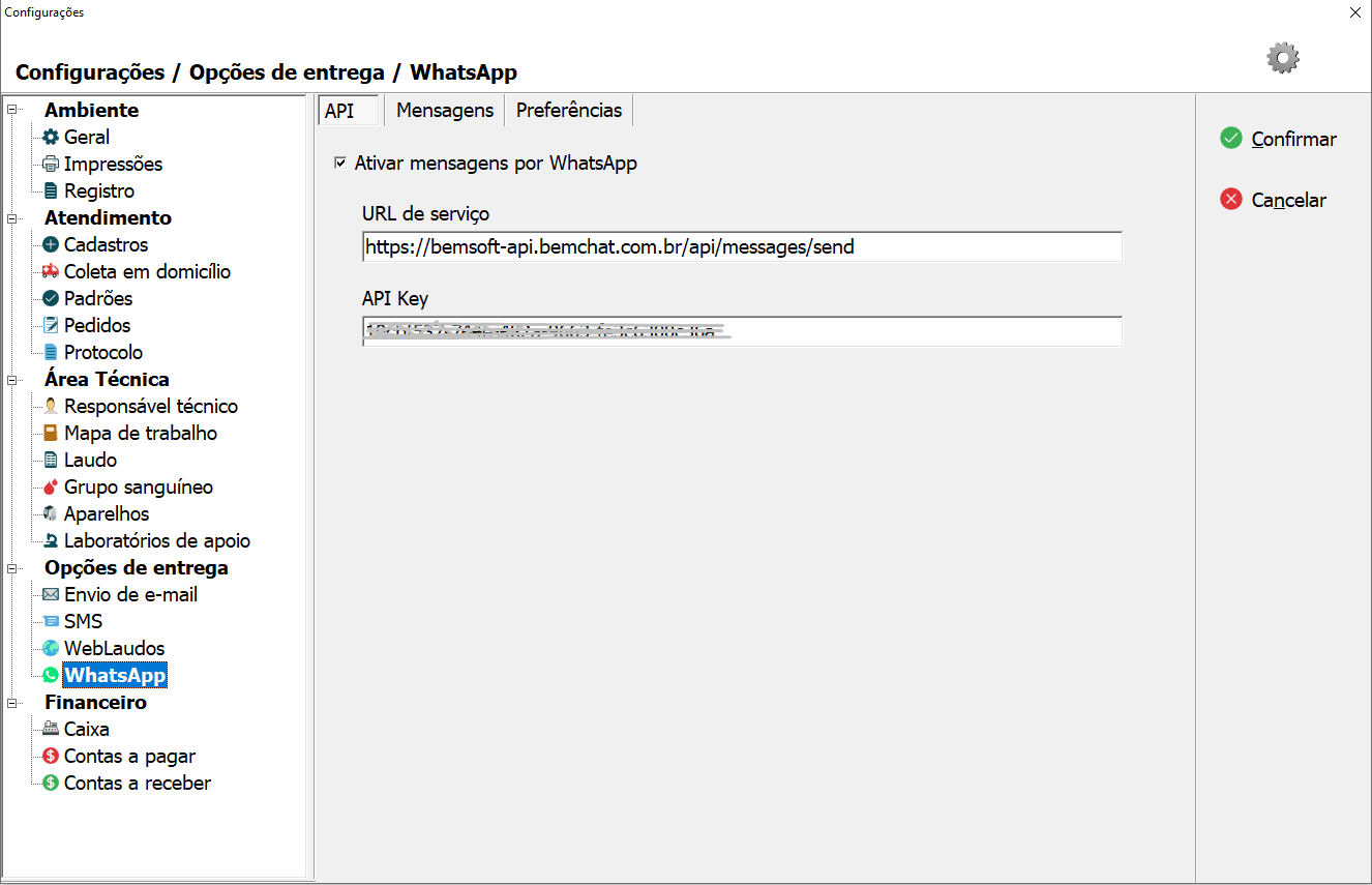 Tela de configuração da API do WhatsApp.