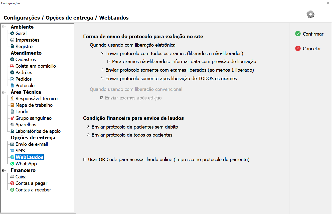 Tela de configuração do WebLaudos.