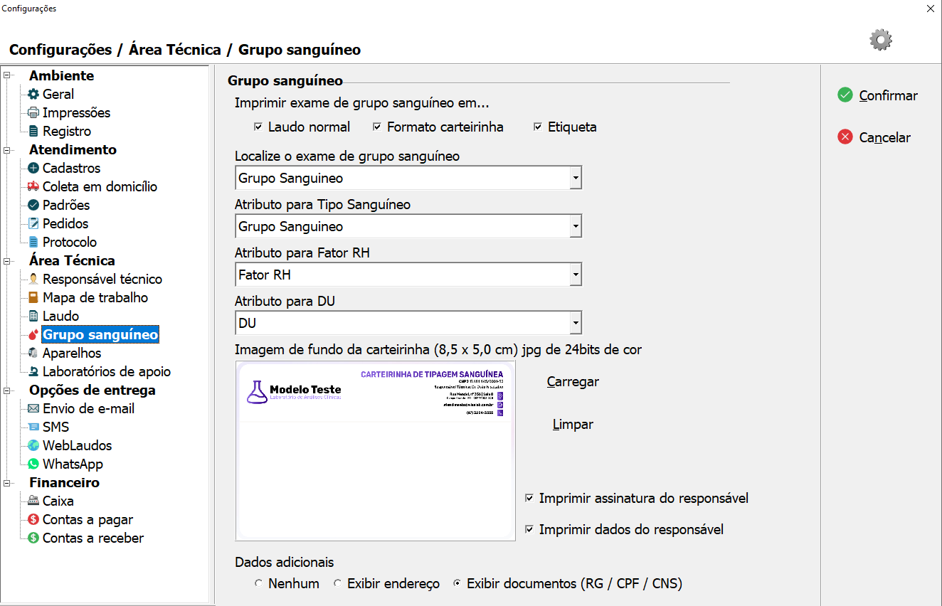 Tela de configuração de Grupo Sanguíneo.