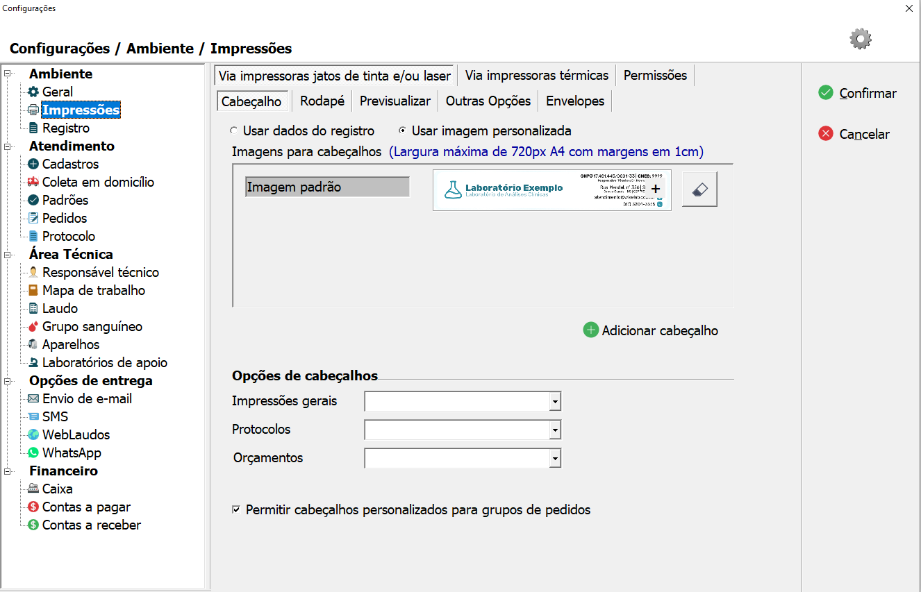 Aba de configuração do Cabeçalho
