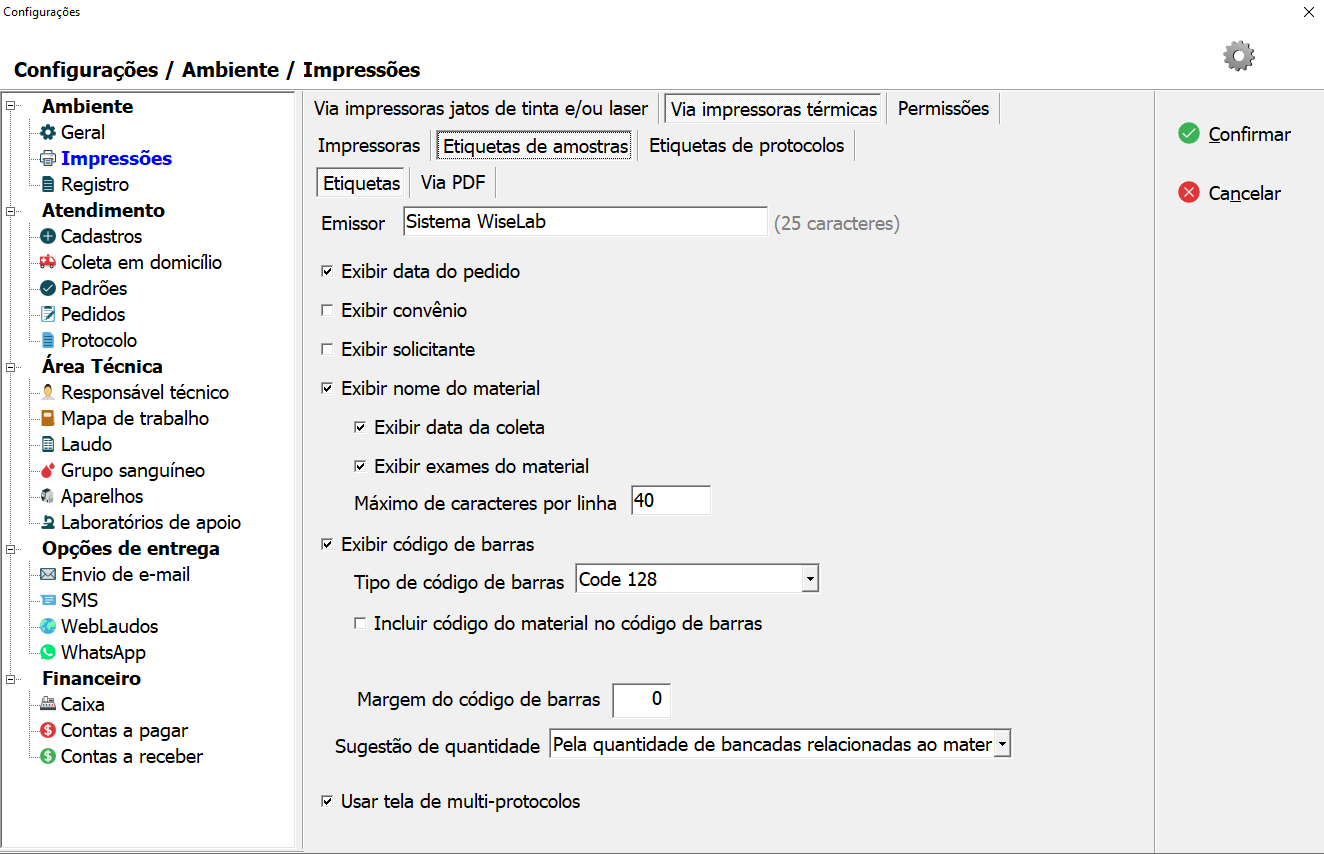 Aba de configuração de Etiquetas de Amostras para impressão direta.