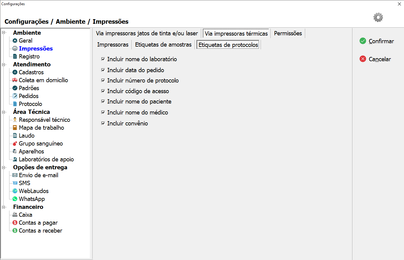Aba de configuração de Etiquetas de Protocolos