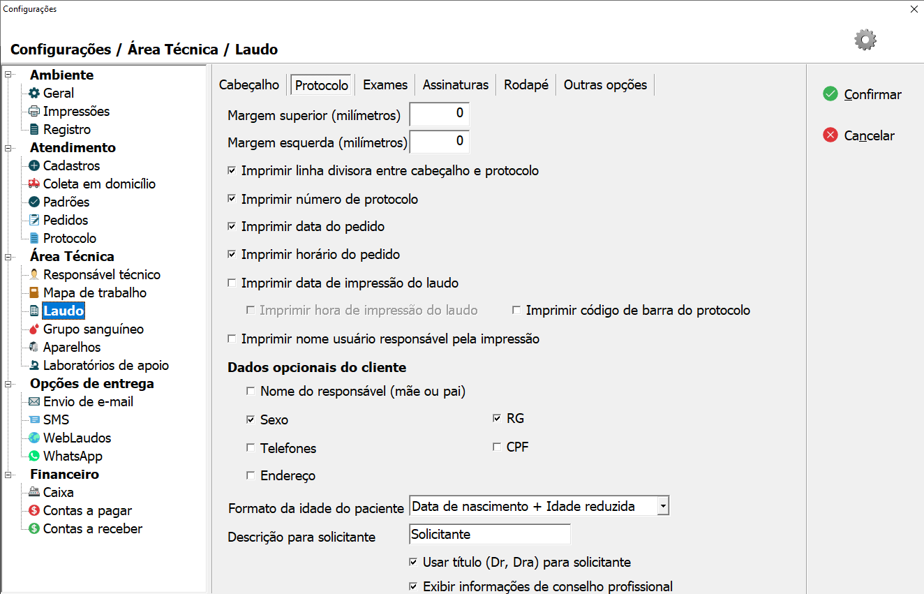 Tela de configuração do Protocolo do Laudo.
