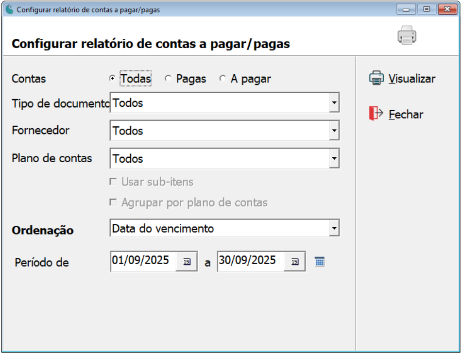 Tela de configuração do relatório de contas a pagar e pagas.