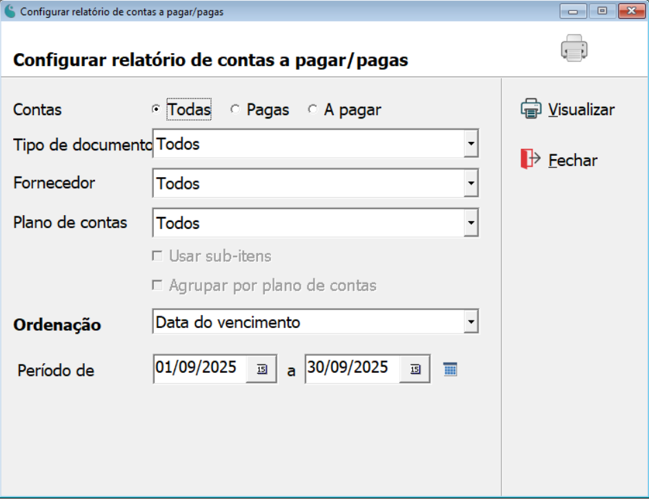 Tela de configuração do relatório de contas a pagar e pagas.