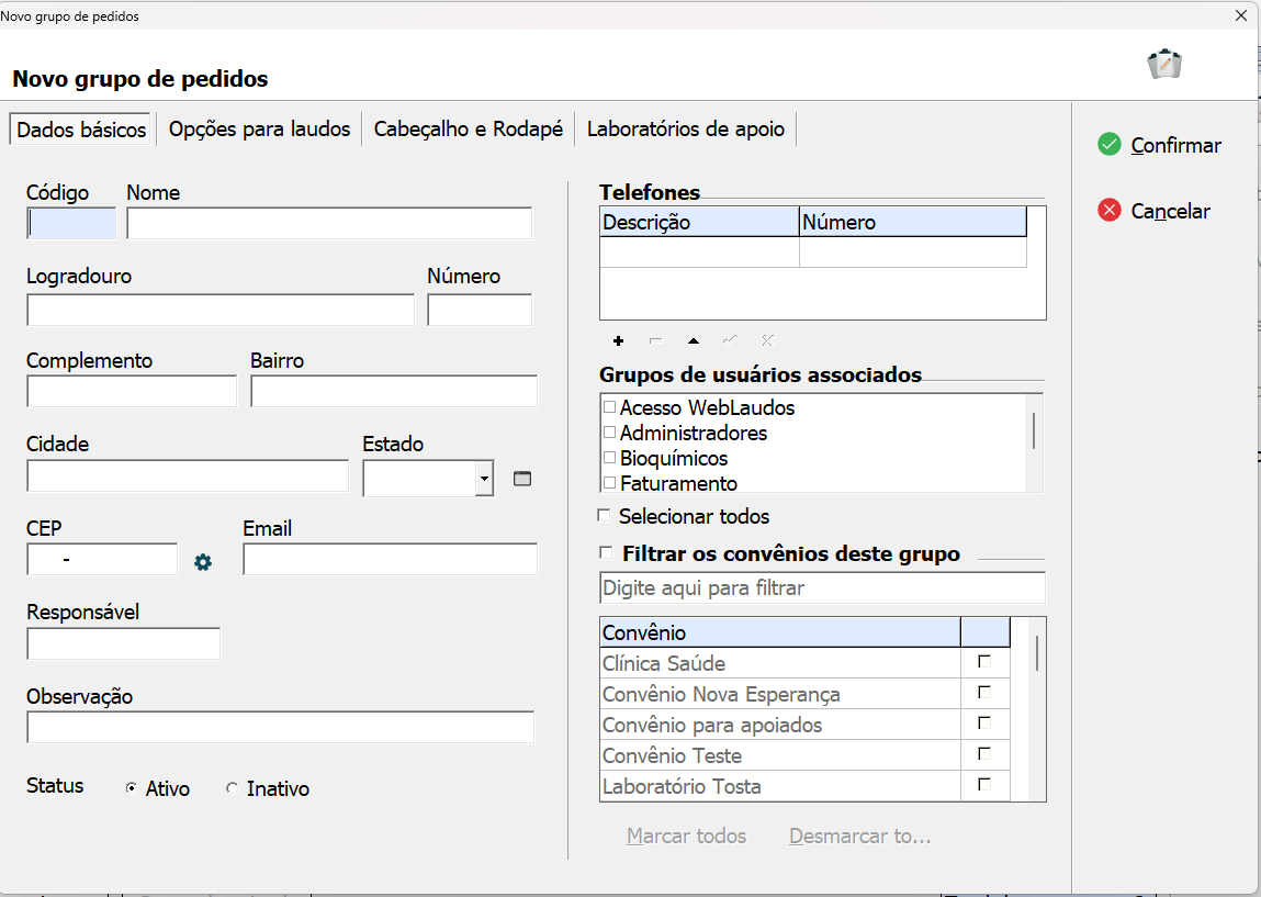 Aba Dados básicos do Grupo de Pedidos