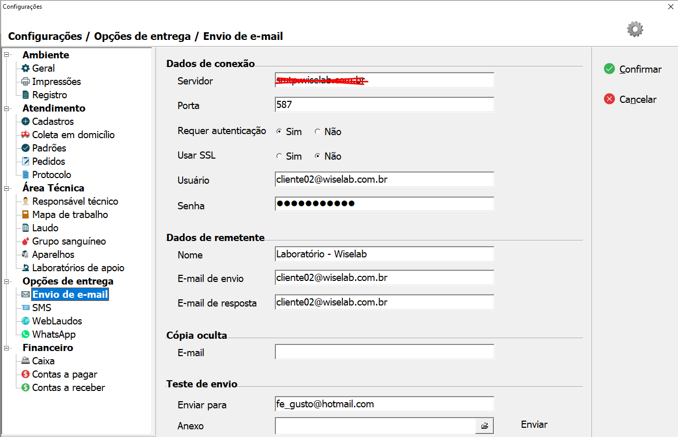 Tela de configuração de Envio de e-mail.