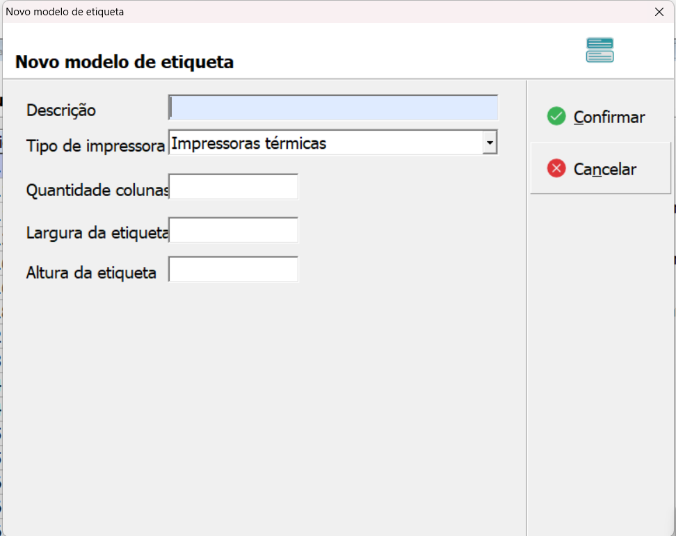 Tela de cadastro de Novo Modelo de Etiqueta