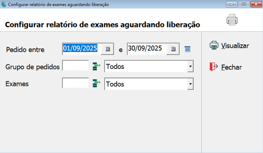 Tela de configuração do relatório de exames aguardando liberação.