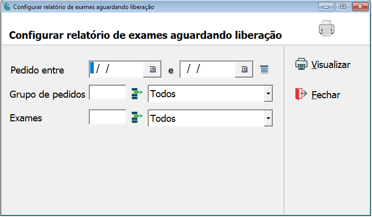 Tela de configuração do relatório de exames aguardando liberação.