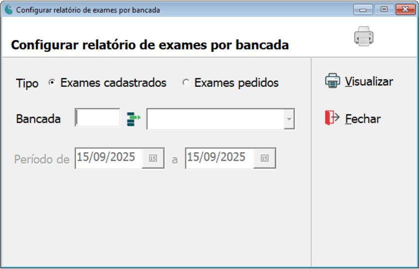 Tela de configuração do relatório de exames por bancada.