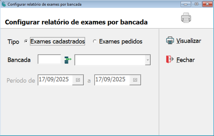 Tela de configuração do relatório de exames por bancada.