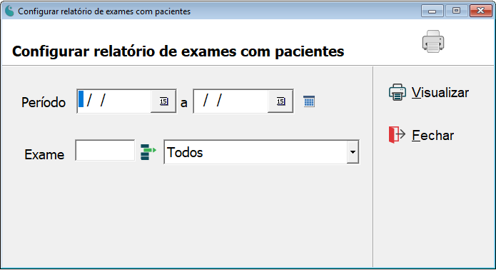 Tela de configuração do relatório de exames com pacientes.