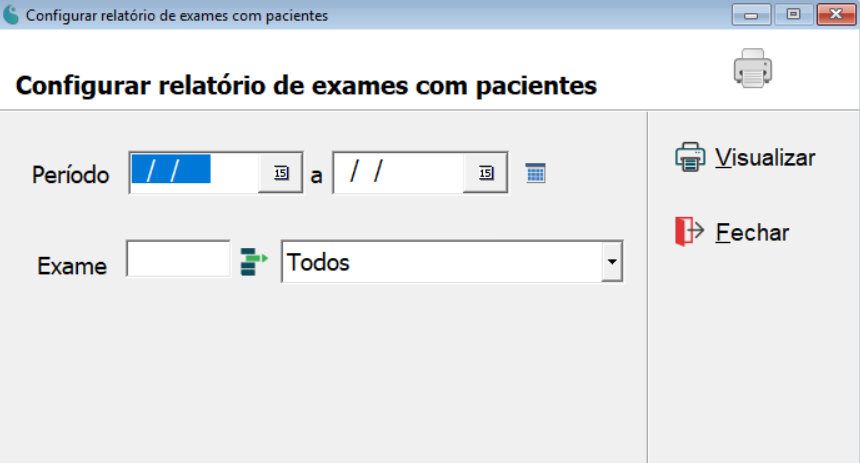 Tela de configuração do relatório de exames com pacientes.