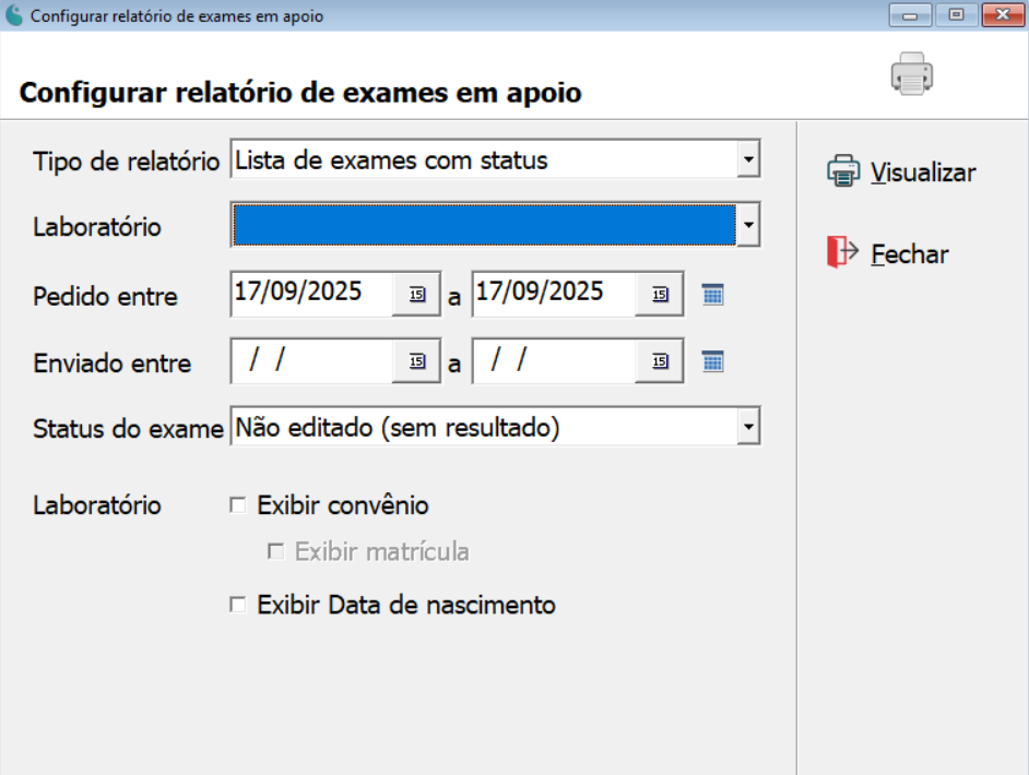 Tela de configuração do relatório de exames em apoio.